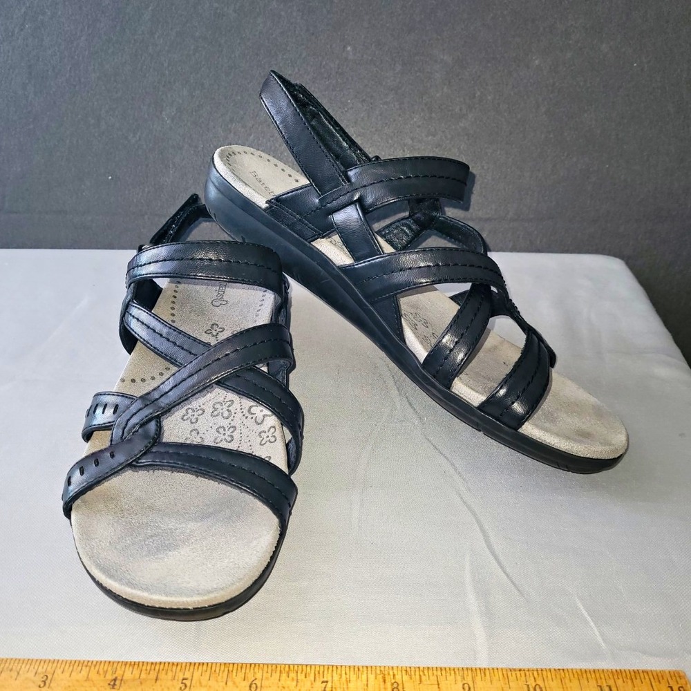 Baretraps Women's Black Strappy Slip-On Leather Sandals Logo Accents US 9.5M